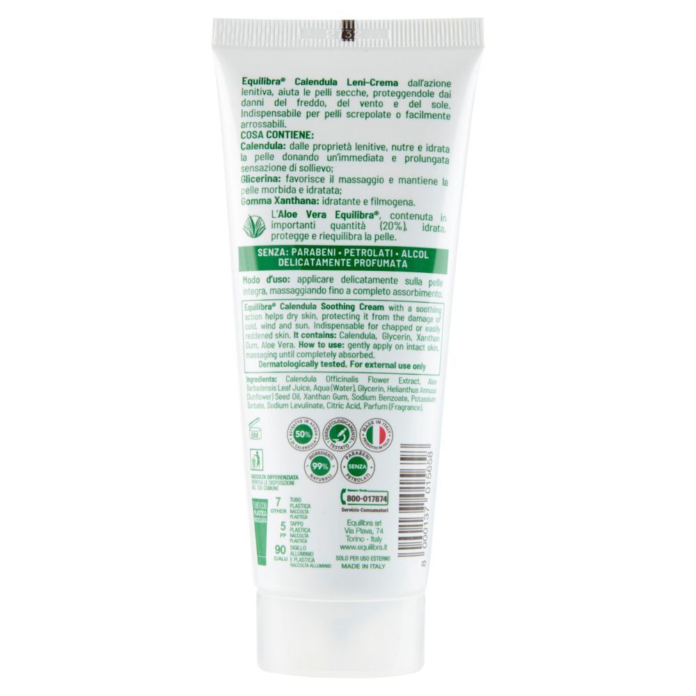 Retro di un tubo Equilibra Calendula Leni-Crema con ingredienti e istruzioni.