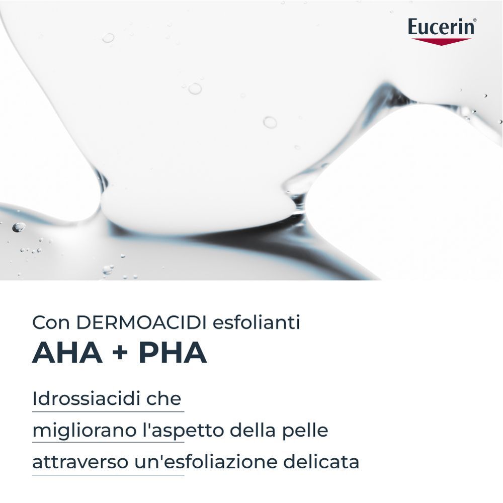 Liquido trasparente con dermo-acidi AHA + PHA che migliorano la texture della pelle.