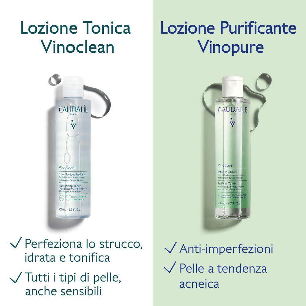 Confronto tra le lozioni Caudalie Vinoclean e Vinopure per la cura della pelle.