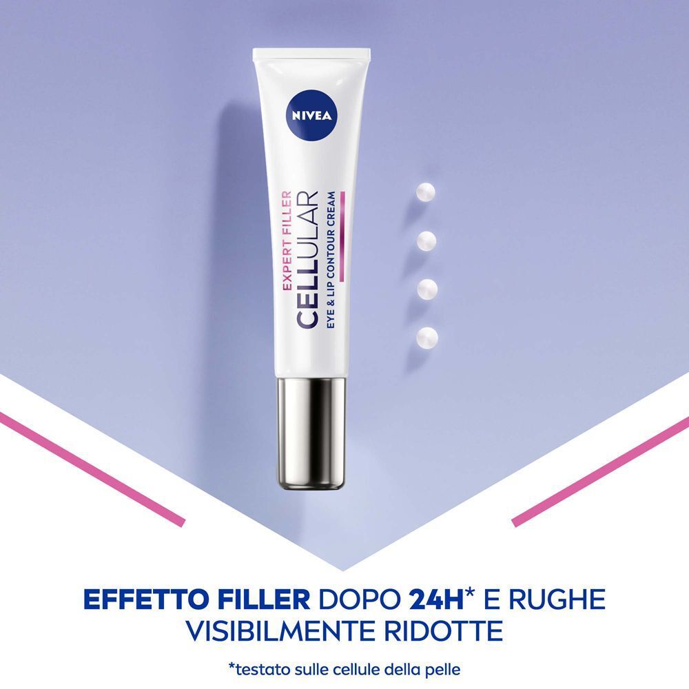 Tubetto di crema contorno occhi e labbra Nivea Cellular Expert Filler su sfondo viola. Tre perle accanto.