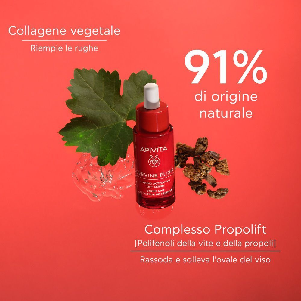 Flacone di siero Apivita Beevine Elixir con testo su ingredienti naturali.
