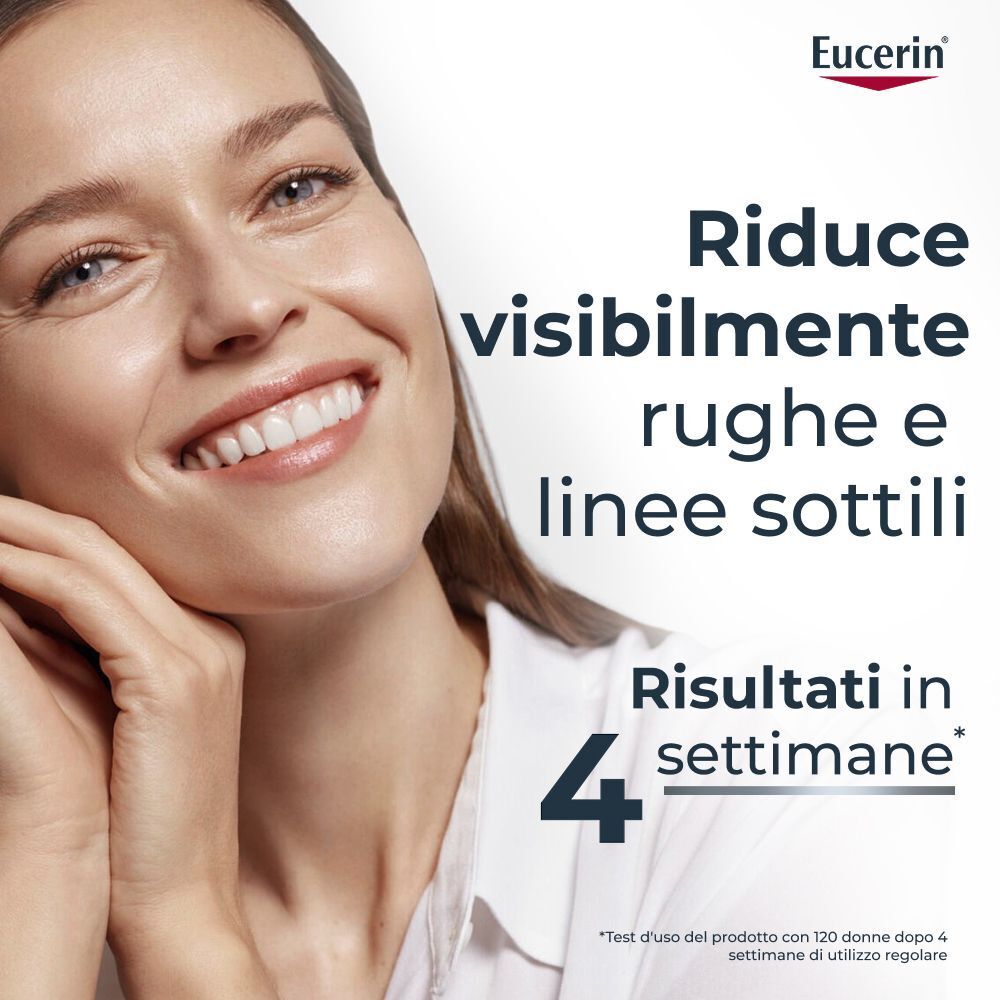Donna sorridente con testo Eucerin che promette riduzione rughe in 4 settimane.