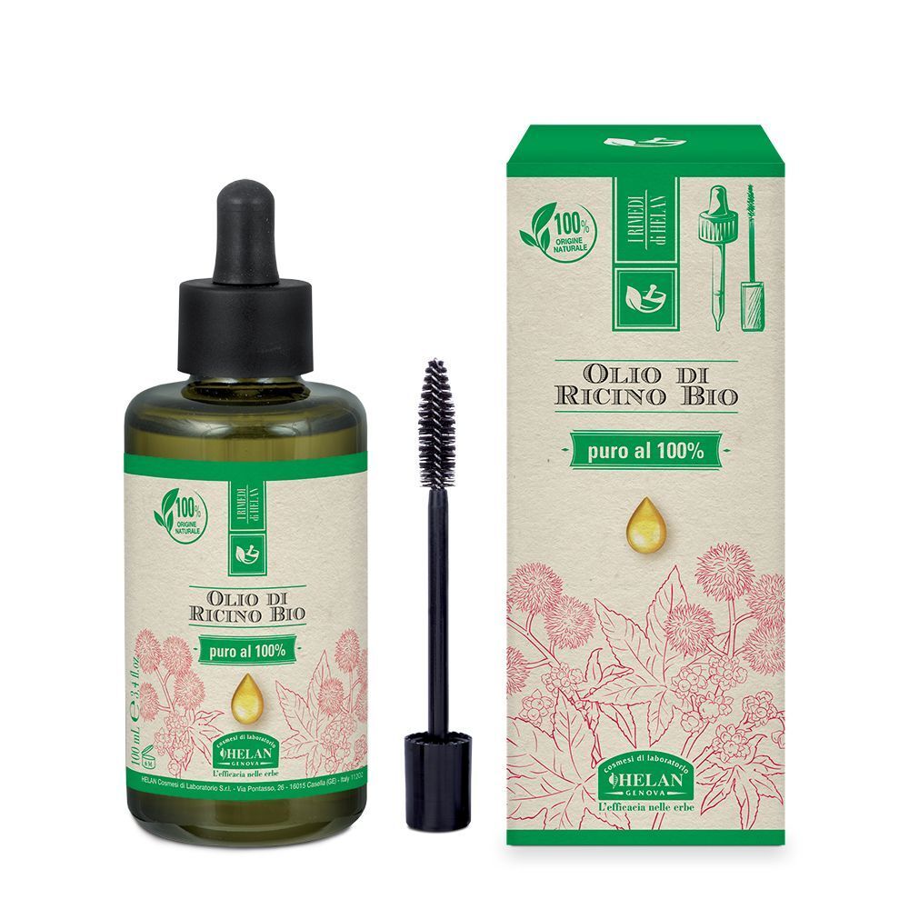 Un flacone di Olio di Ricino Bio, una scatola aperta e un applicatore a spazzolino.