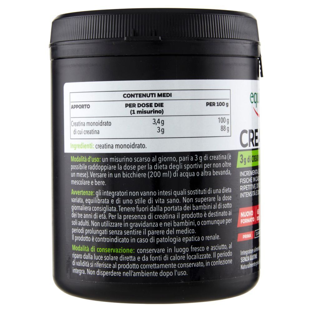 Retro di un barattolo nero Equilibra Creatina Sport con informazioni nutrizionali e ingredienti.