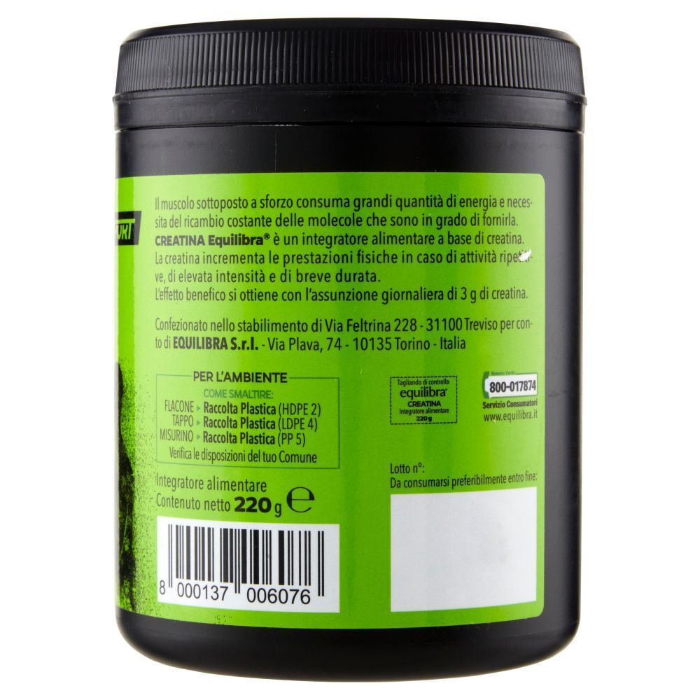 Retro di un barattolo nero Equilibra Creatina Sport con codice a barre e peso netto 220g.