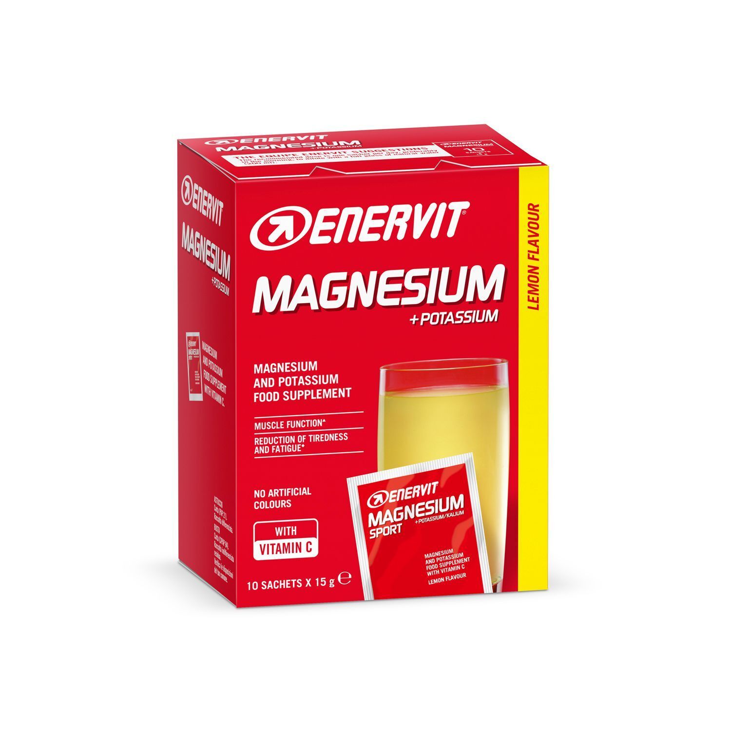 Confezione rossa ENERVIT Magnesio + Potassio, gusto limone. Contiene 10 bustine da 15g.