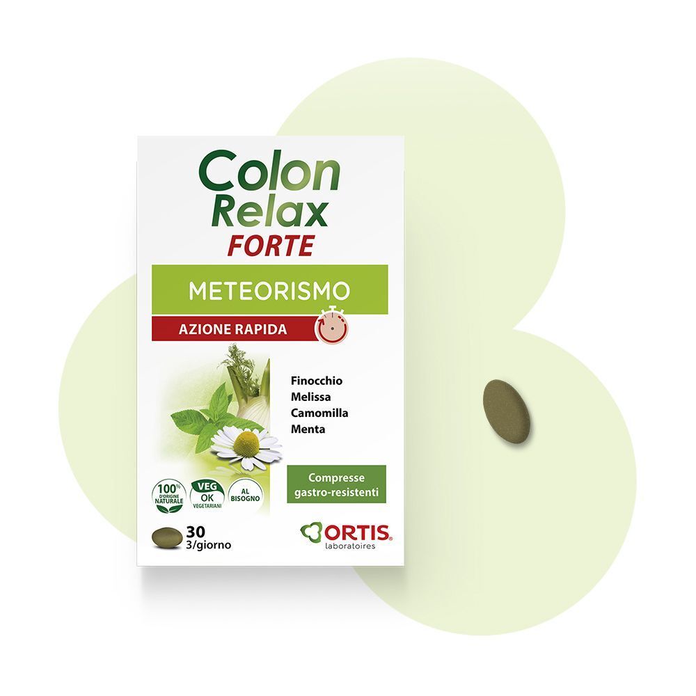 Confezione di Colon Relax Forte Meteorismo, 30 compresse gastroresistenti e una singola compressa.