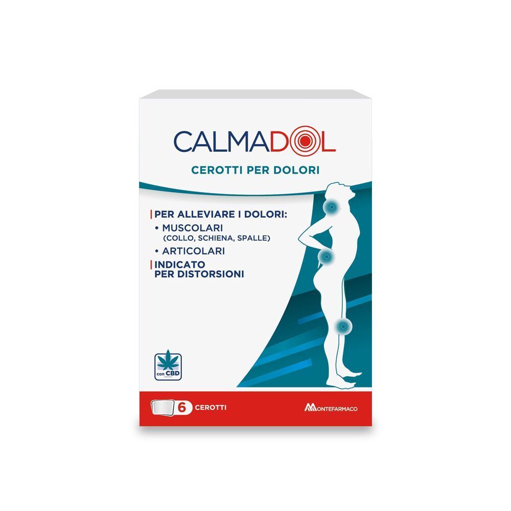 Una confezione di cerotti antidolorifici Calmadol con CBD. Mostra una silhouette umana con punti di dolore al ginocchio e alla schiena.