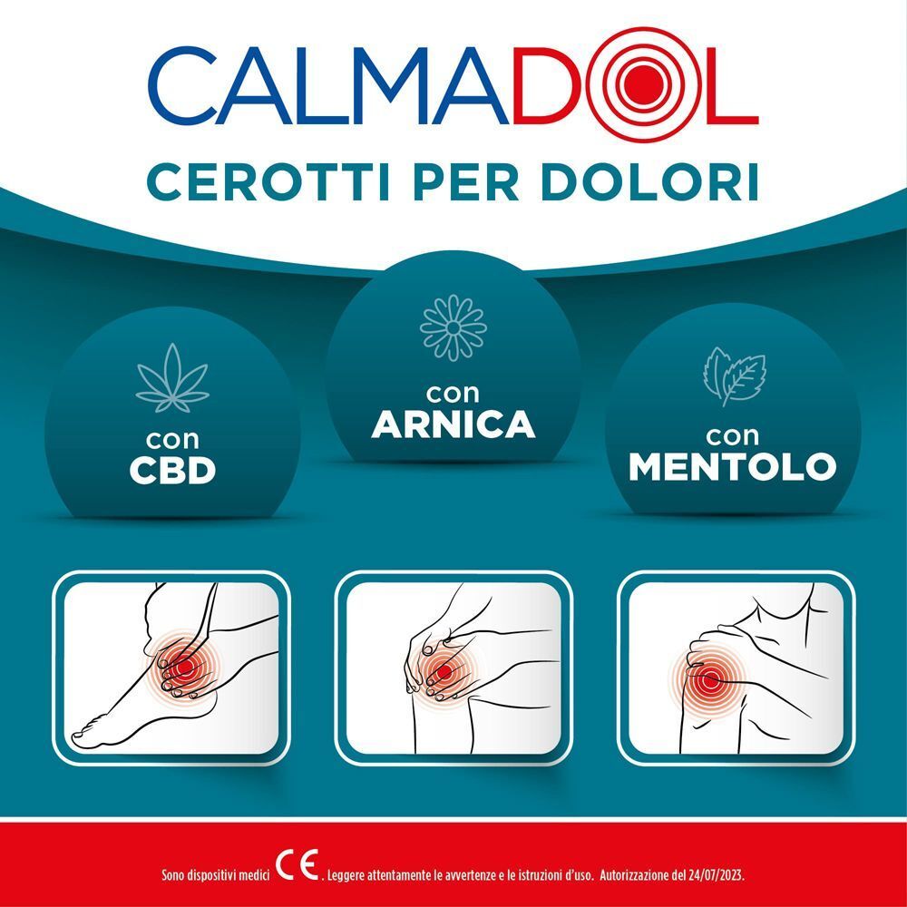 Vista dettagliata dei cerotti Calmadol per dolori. Mostra ingredienti come CBD, arnica e mentolo e le aree del corpo interessate.