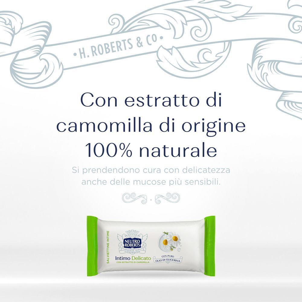 Pacchetto di salviettine per l'igiene intima con estratto di camomilla 100% naturale per pelli sensibili.