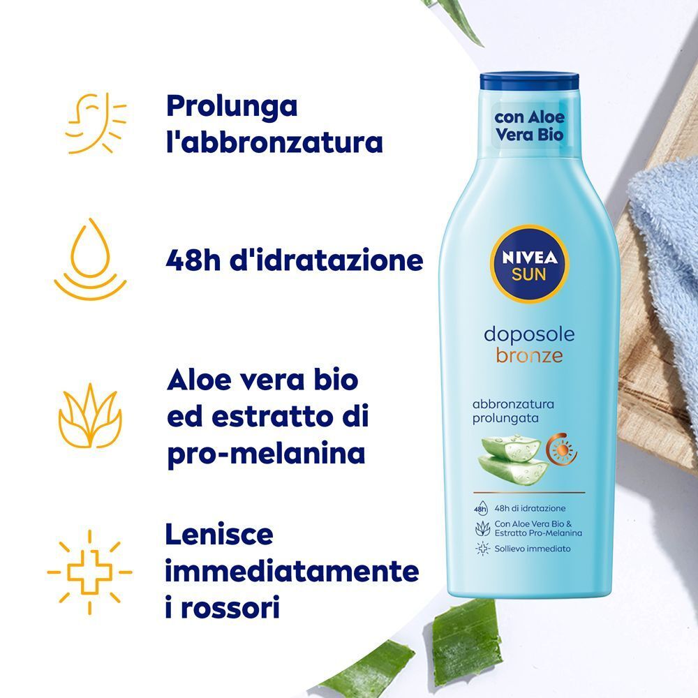 Nivea Sun Latte Doposole Bronze con Aloe Vera Bio ed estratto Pro-Melanina.