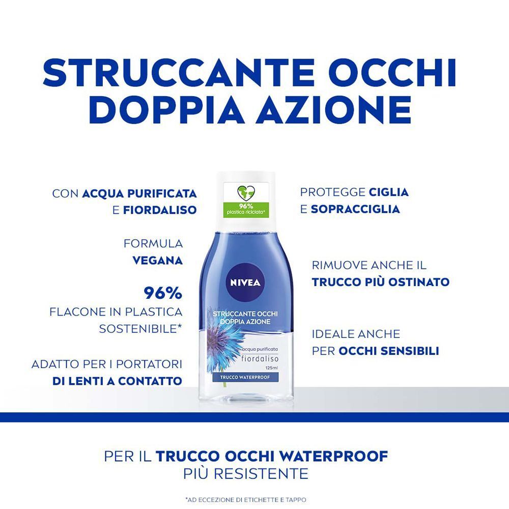 Flacone di struccante occhi Nivea con etichetta blu, motivo floreale e informazioni testuali.