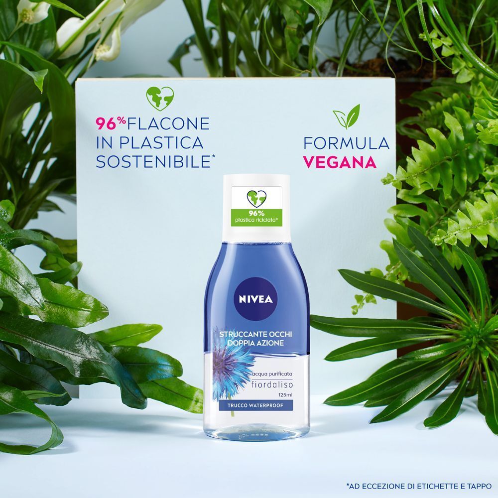 Flacone di struccante occhi Nivea in mezzo a piante e foglie verdi.