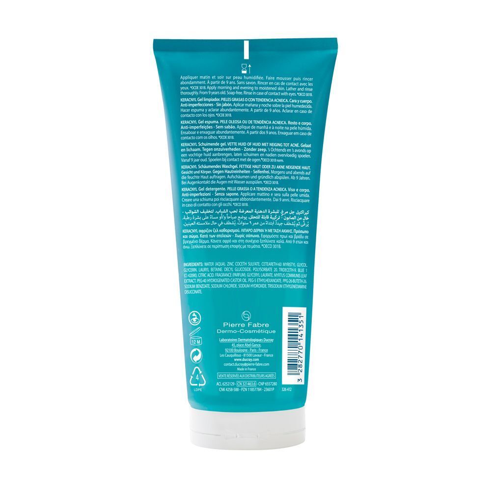 Retro di un tubo di gel detergente Ducray Keracnyl con istruzioni e ingredienti.