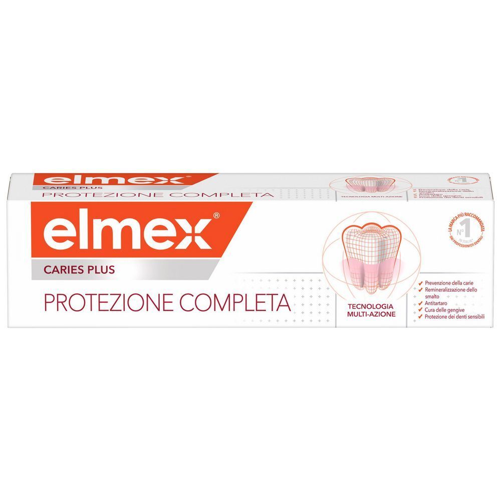 Confezione di dentifricio Elmex con simbolo dentale e testo.