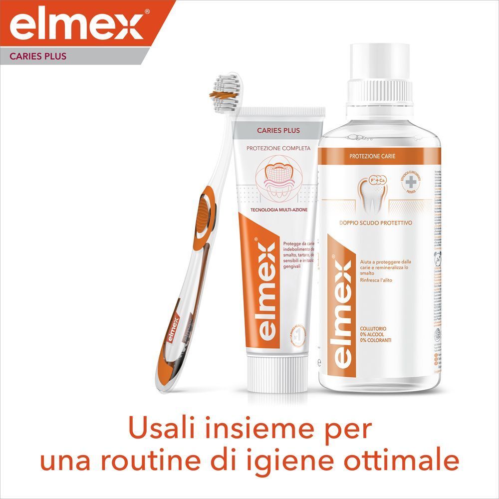 Dentifricio Elmex, collutorio e spazzolino da denti.
