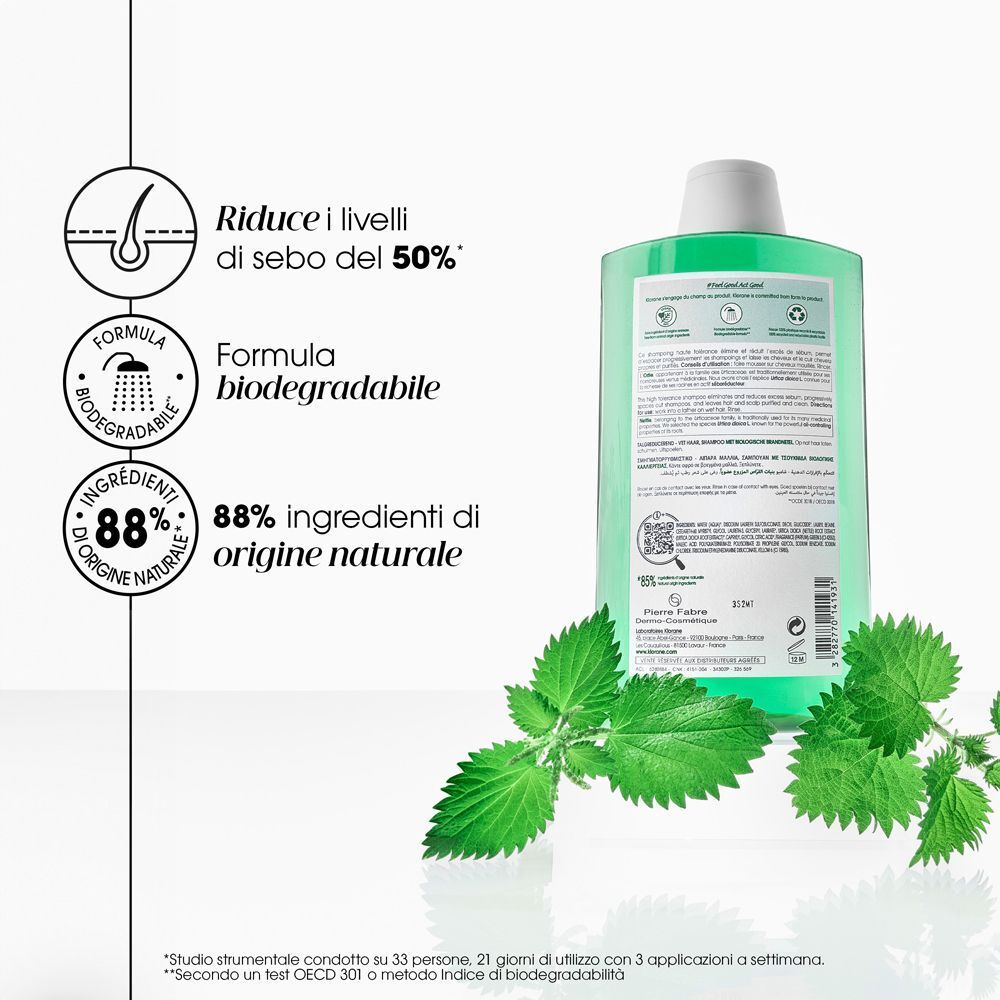 Flacone di shampoo Klorane all'ortica che mostra l'88% di ingredienti naturali e formula biodegradabile.