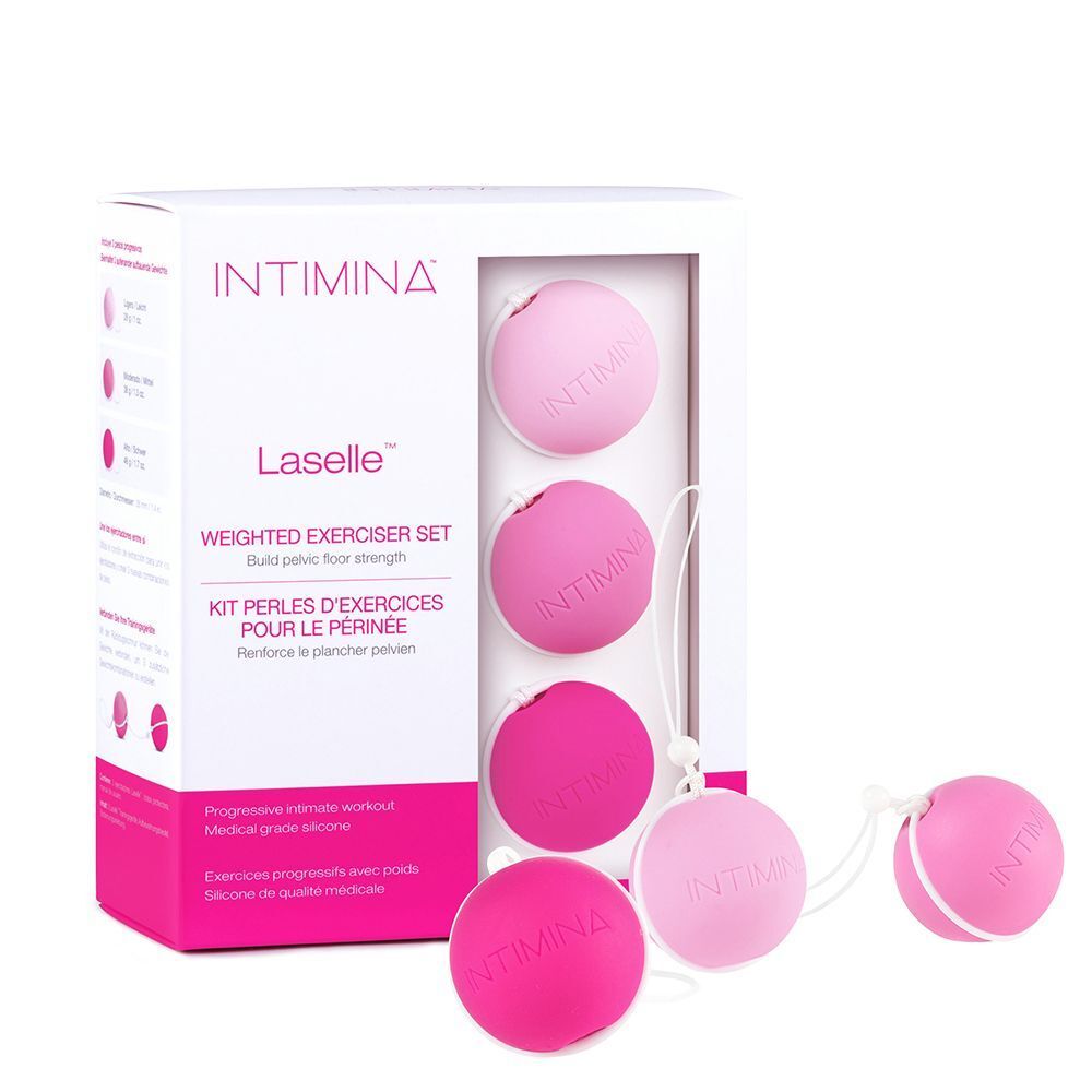Sfere di Kegel INTIMINA Laselle in set in una confezione, tre sfere visibili.