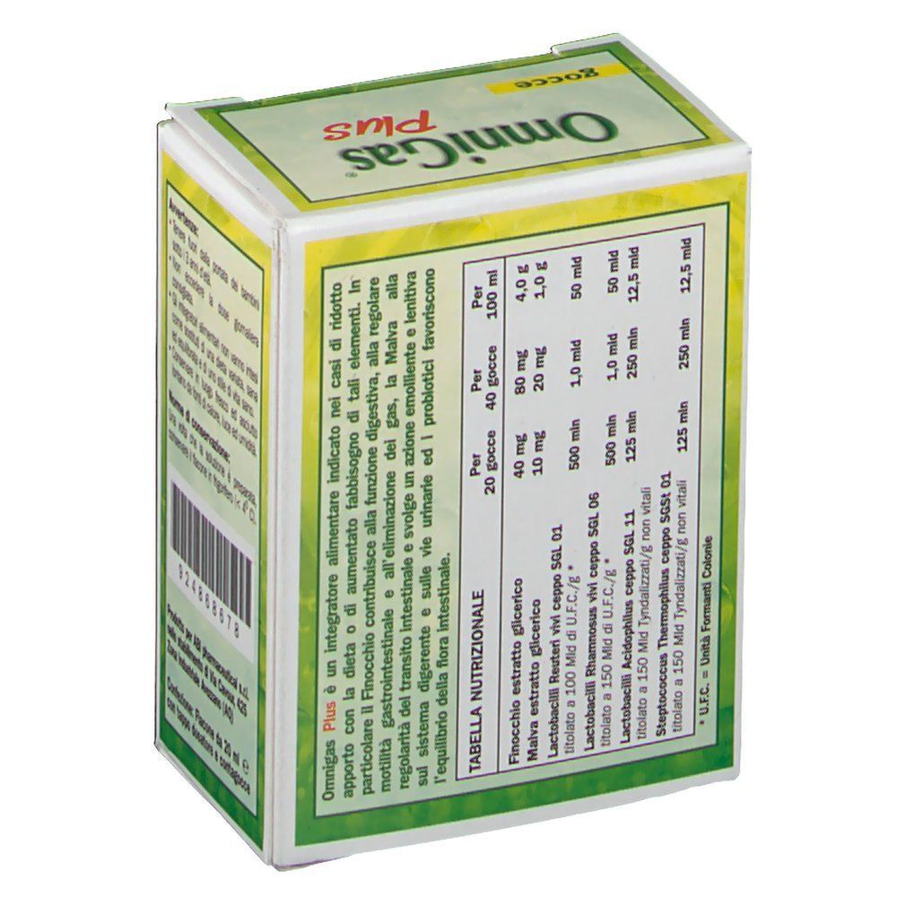 Confezione di OmniGas Plus Gocce con tabella nutrizionale e lista ingredienti sul lato.