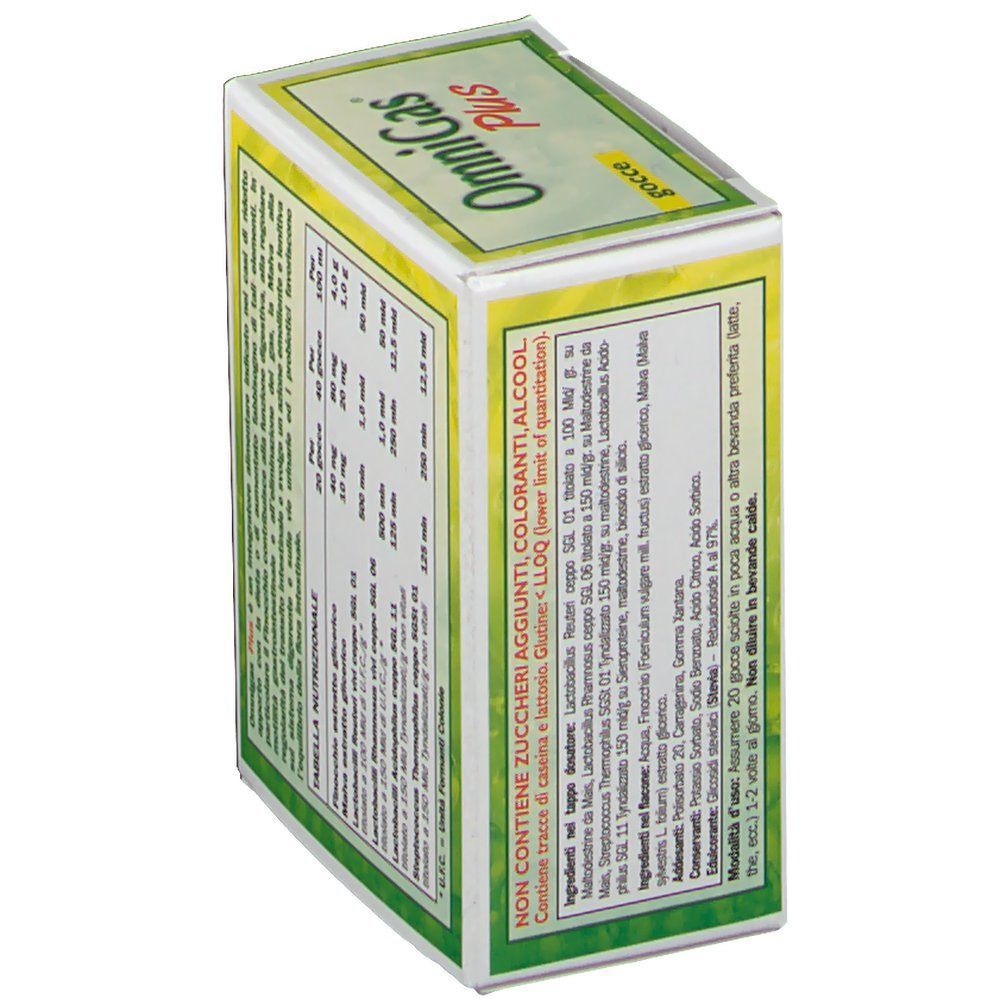 Confezione di OmniGas Plus Gocce con ingredienti, istruzioni d'uso e conservazione sul lato.
