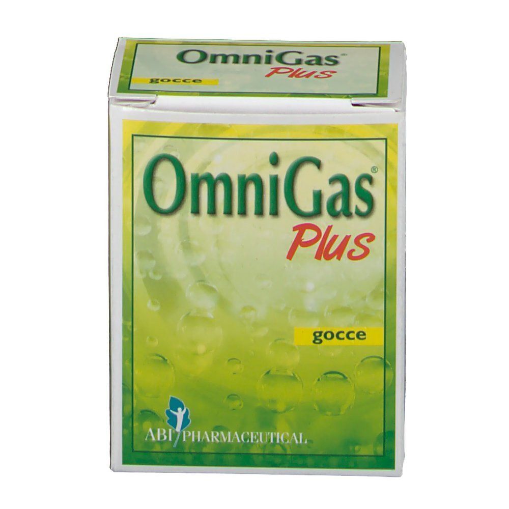 Confezione di OmniGas Plus Gocce con fronte verde e giallo, logo e informazioni sul prodotto.