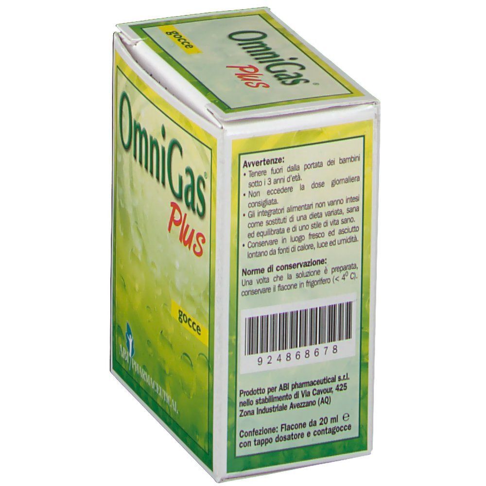 Confezione di OmniGas Plus Gocce con avvertenze e codice a barre.