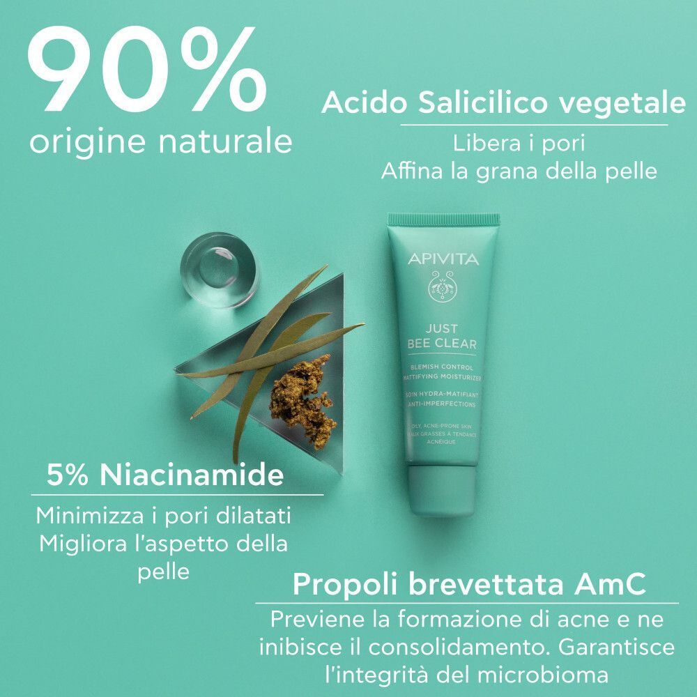 Crema viso Apivita Just Bee Clear con testo sugli ingredienti.