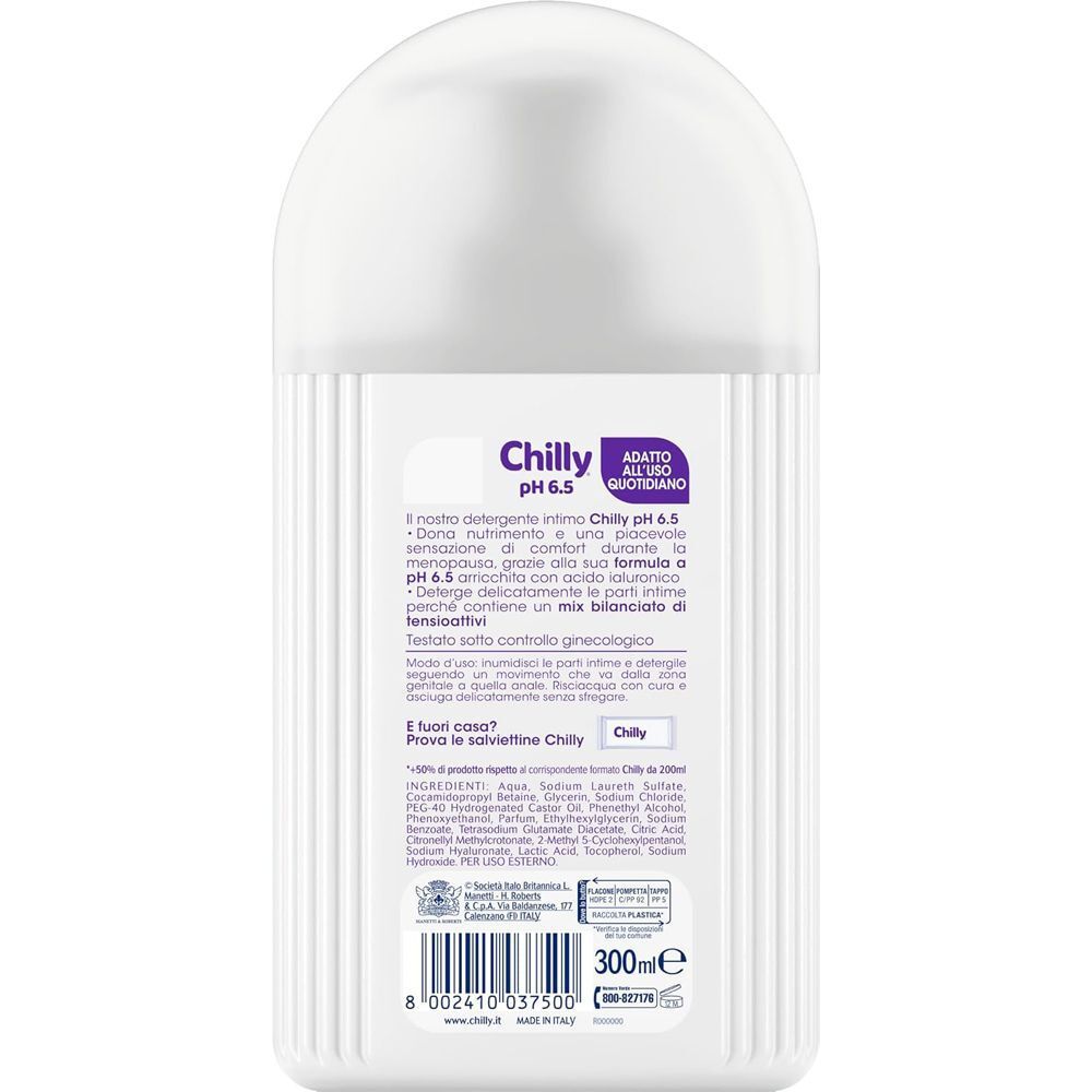 Retro di un flacone di detergente intimo Chilly pH 6.5 con informazioni sul prodotto.