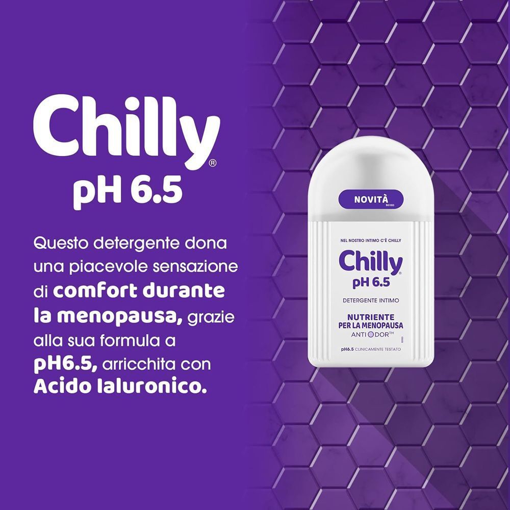 Flacone di detergente intimo Chilly pH 6.5 con testo sul comfort in menopausa.