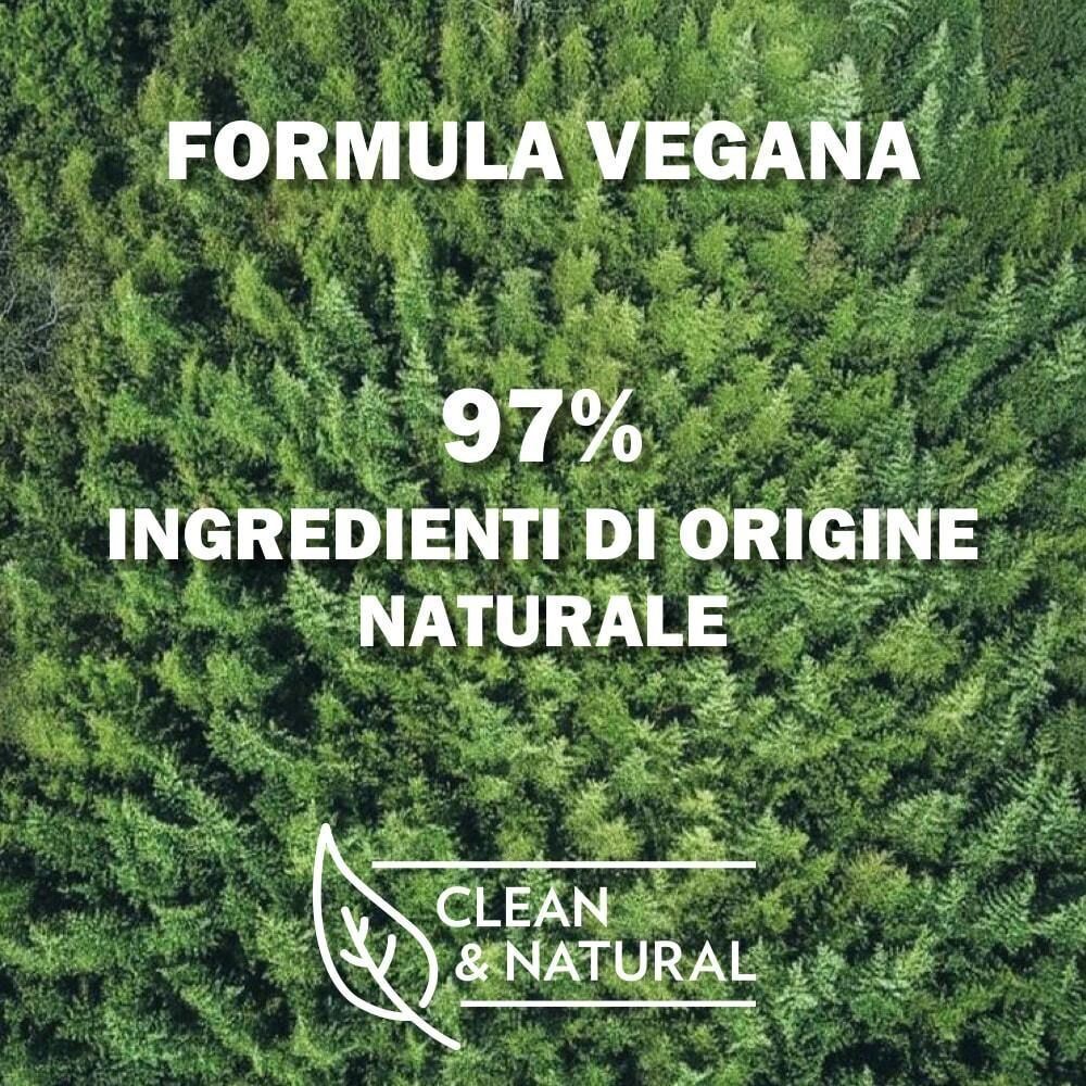 Formula vegana, 97% ingredienti naturali, sigillo Clean & Natural.