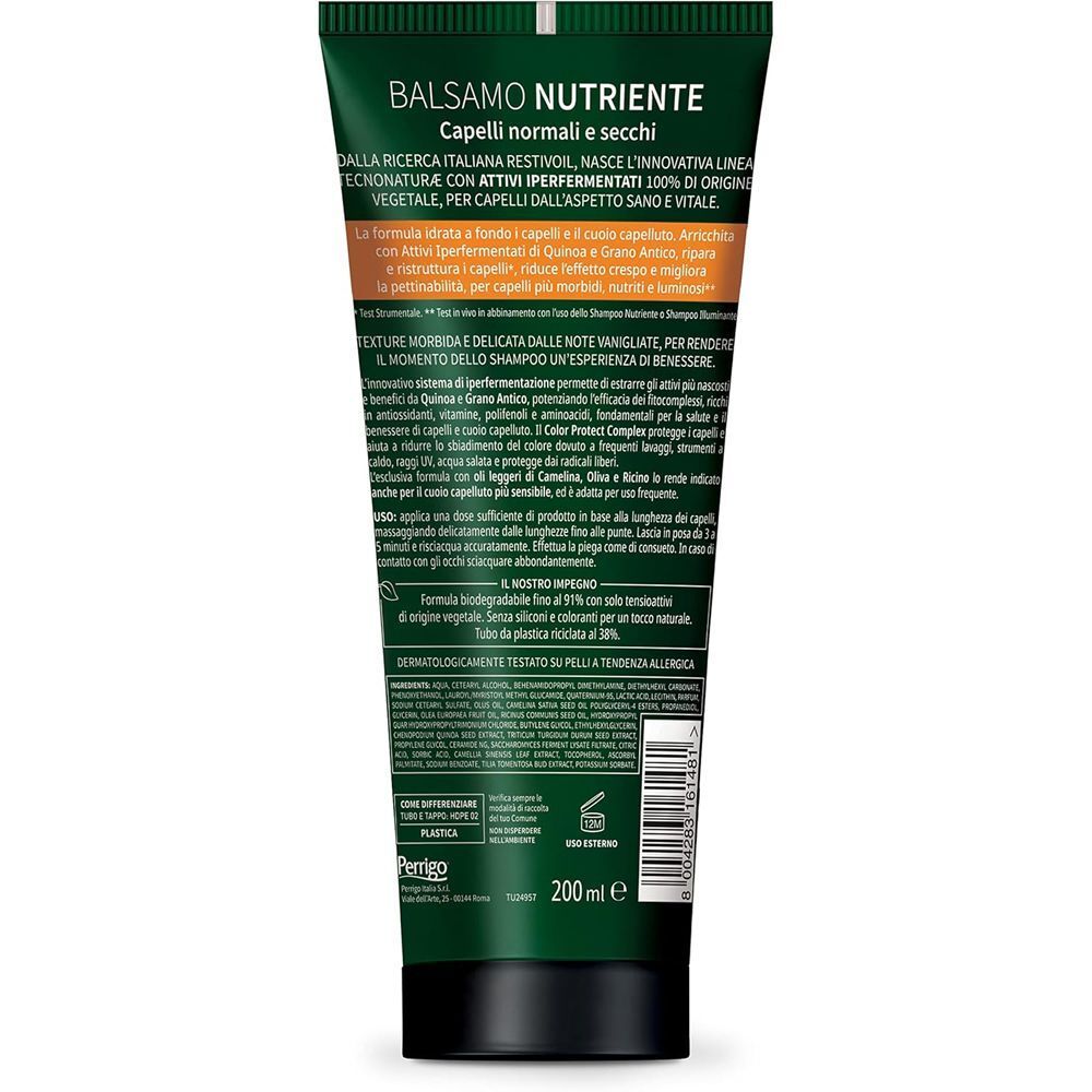 Retro di un tubo di Restivoil Tecnonaturae Balsamo Nutriente Cereali Iperfermentati con informazioni sul prodotto.
