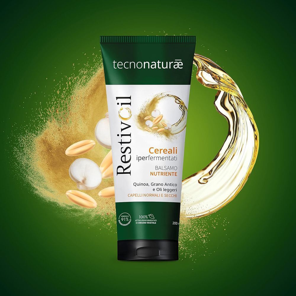 Un tubo di Restivoil Tecnonaturae Balsamo Nutriente Cereali Iperfermentati con elementi di cereali e olio.