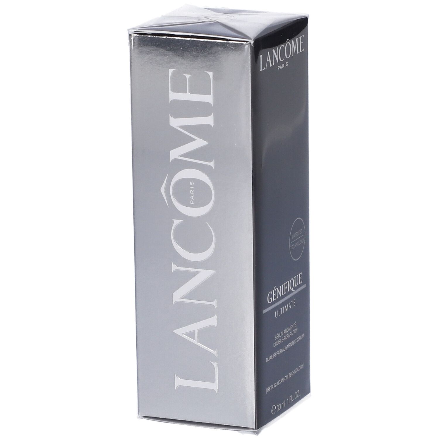 Scatola Lancôme Génifique Ultimate Siero. Lato argentato con logo verticale. Contiene 30 ml.