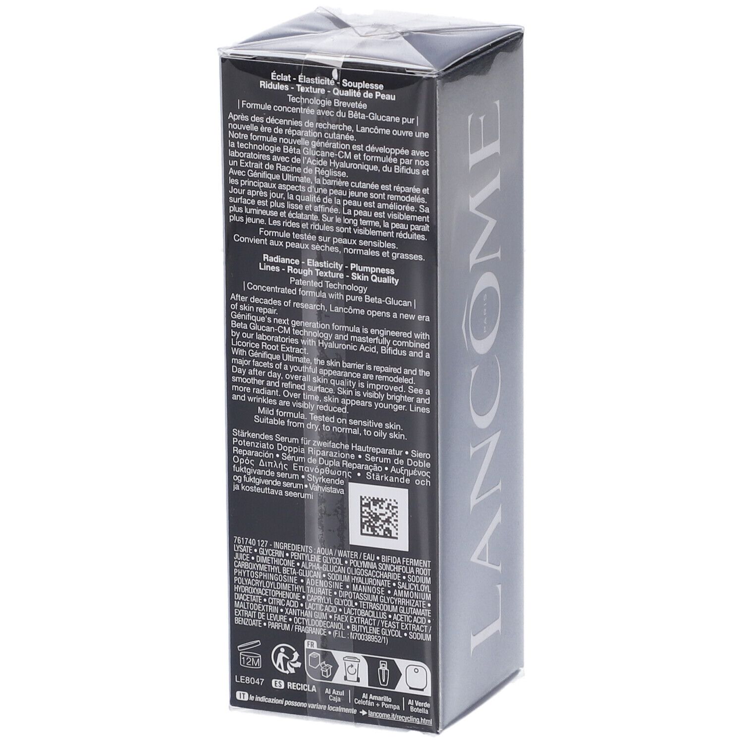 Scatola Lancôme Génifique Ultimate Siero. Retro con informazioni sul prodotto e QR code. Contiene 30 ml.