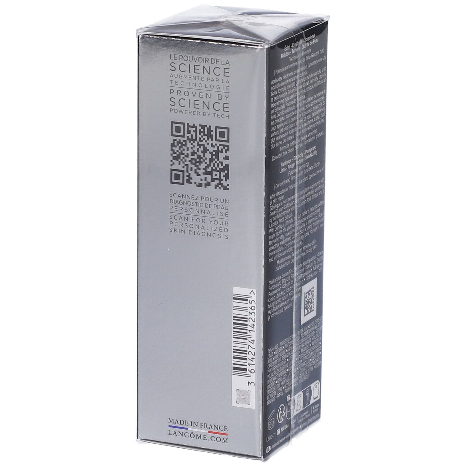 Scatola Lancôme Génifique Ultimate Siero. Lato con QR code e indicazione 'Made in France'. Contiene 30 ml.