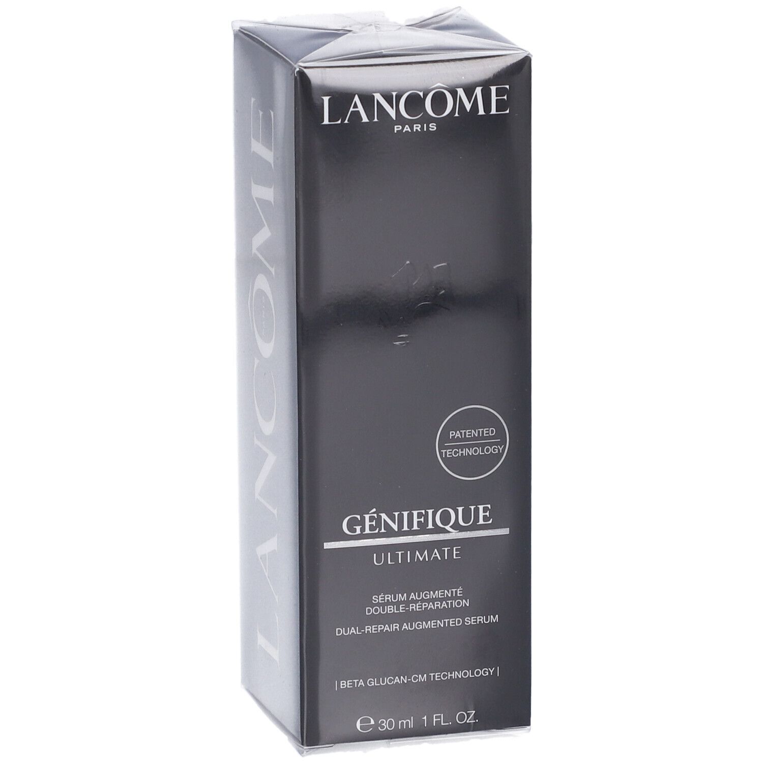 Scatola Lancôme Génifique Ultimate Siero. Vista ravvicinata del fronte con logo e nome del prodotto. Contiene 30 ml.