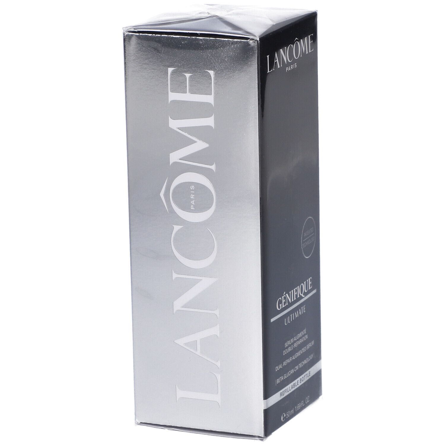 Scatola Lancôme Génifique Ultimate Serum. Lato argentato con scritta "LANCOME PARIS" in rilievo.