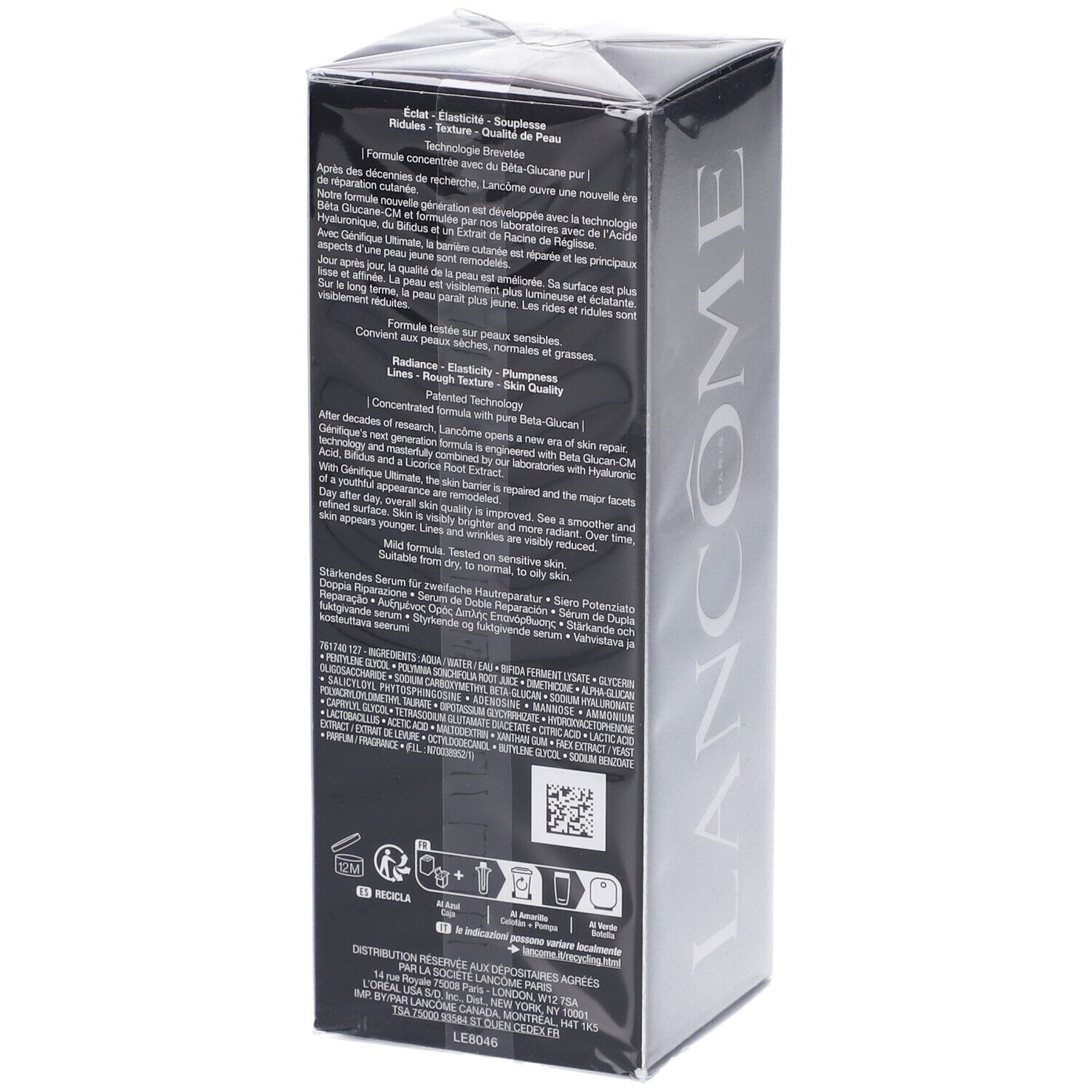 Scatola Lancôme Génifique Ultimate Serum. Retro con istruzioni d'uso dettagliate e ingredienti in più lingue.