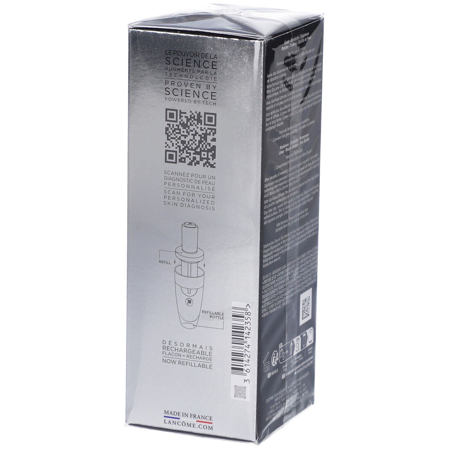 Scatola Lancôme Génifique Ultimate Serum. Lato con codice QR e illustrazione schematica del dispenser.