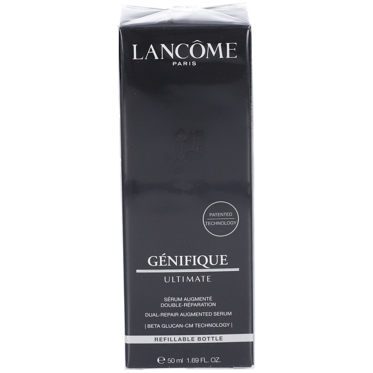 Scatola Lancôme Génifique Ultimate Serum. Fronte con nome del marchio, nome del prodotto e "Patented Technology".