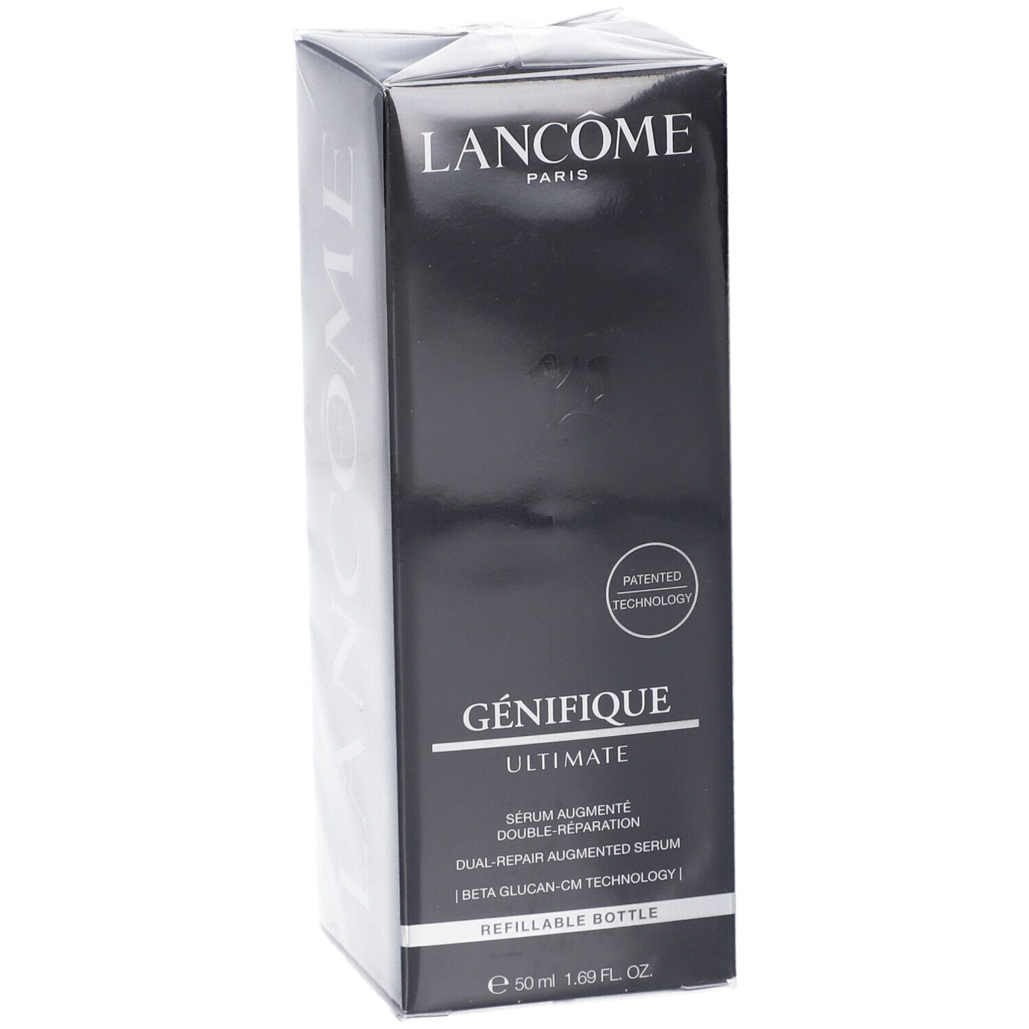 Scatola Lancôme Génifique Ultimate Serum. Fronte con nome del marchio, nome del prodotto e "Patented Technology".