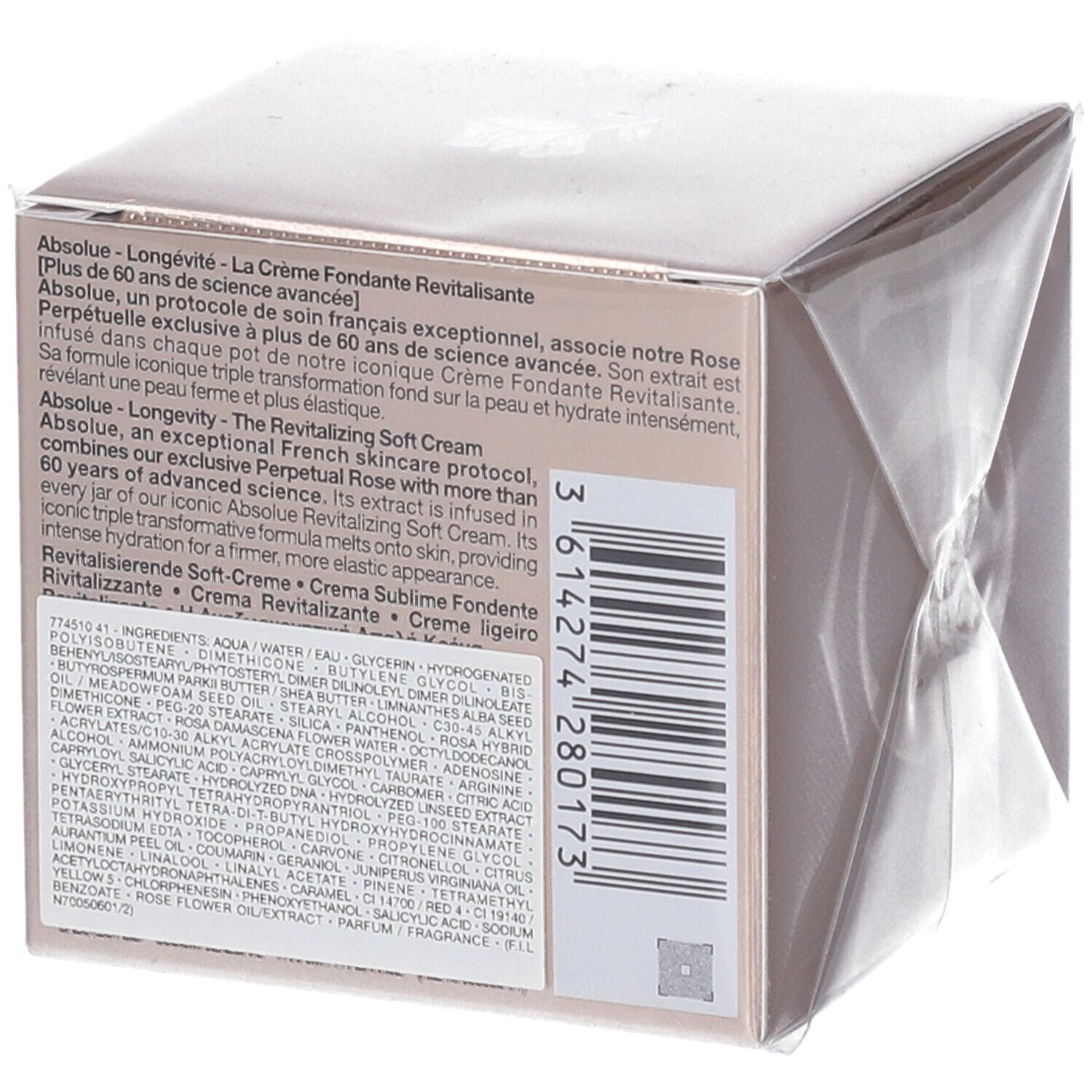 Confezione Lancôme Absolue Longevity The Soft Cream, retro con ingredienti.
