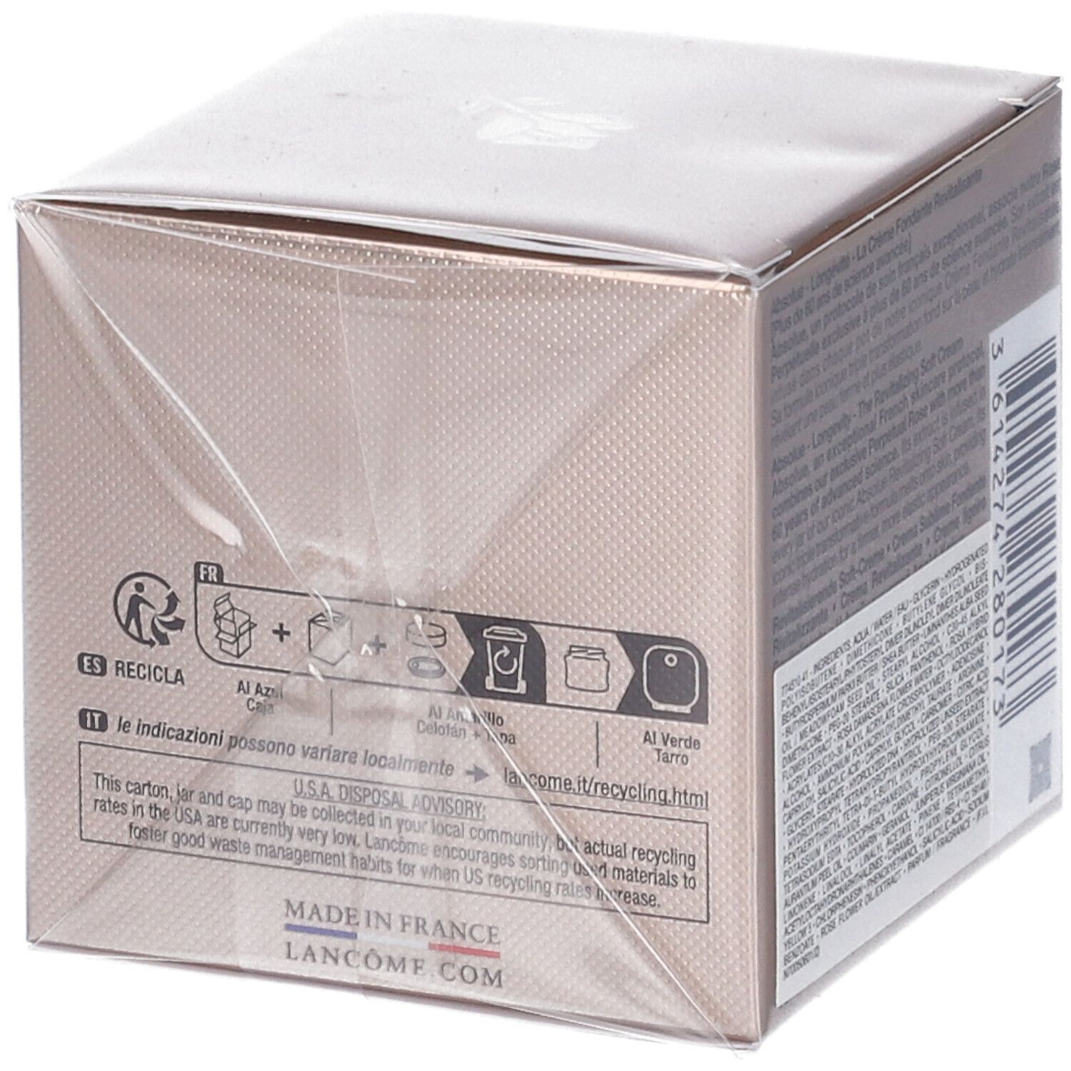 Confezione Lancôme Absolue Longevity The Soft Cream, lato con indicazioni per il riciclo.
