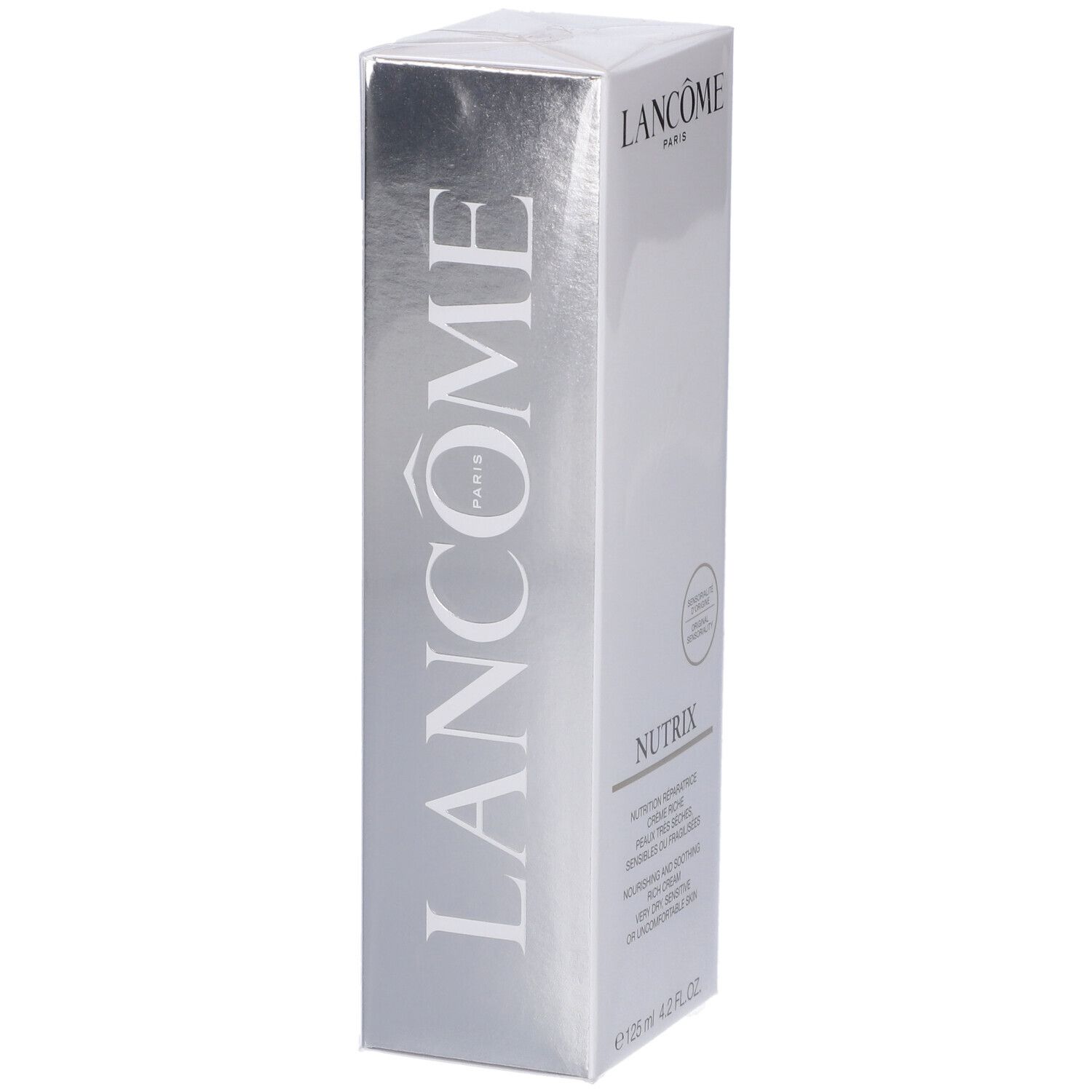 Confezione Lancôme Nutrix Crema Ricca Nutriente e Lenitiva. Scatola argentata con scritta Lancôme verticale e informazioni sul prodotto.