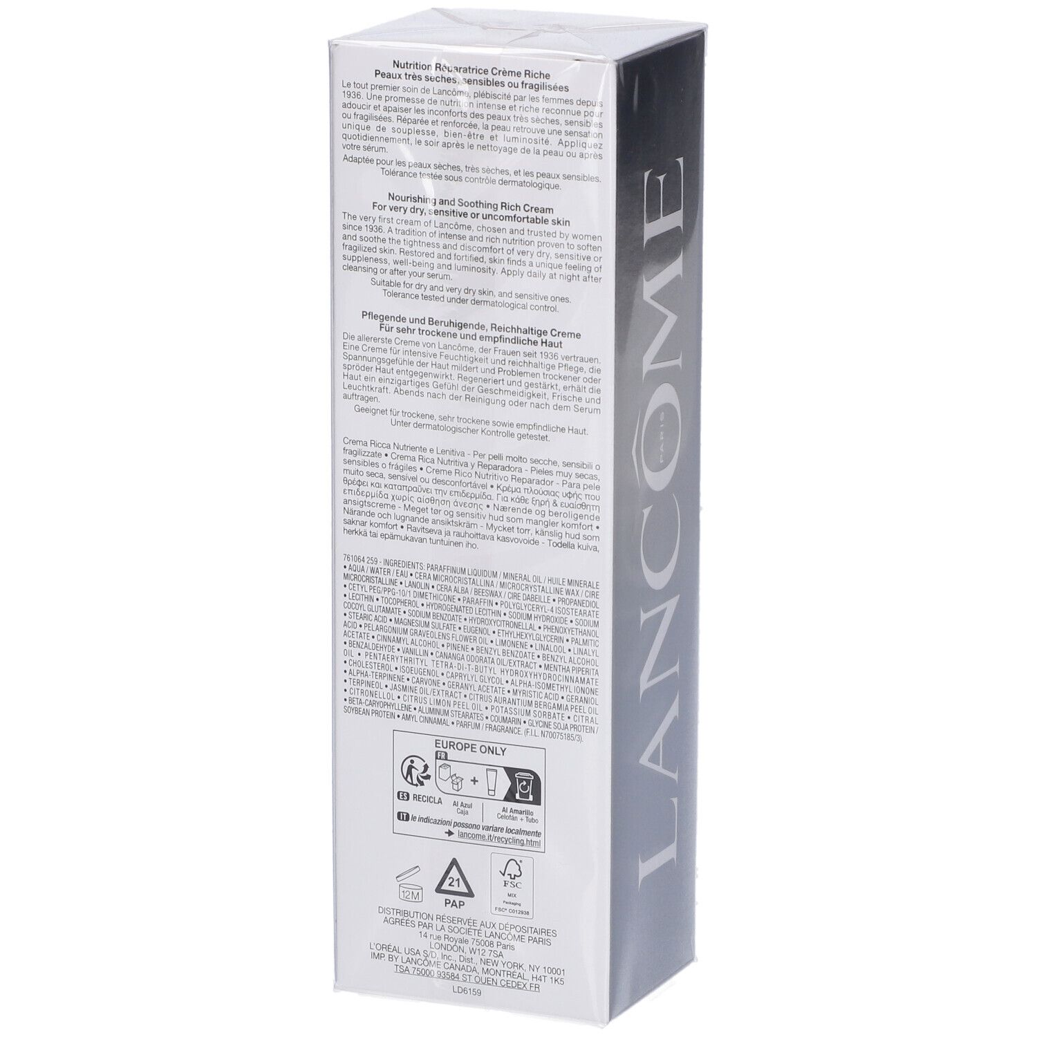 Retro della confezione della crema Lancôme Nutrix. Contiene informazioni dettagliate sul prodotto e istruzioni per l'uso multilingue.