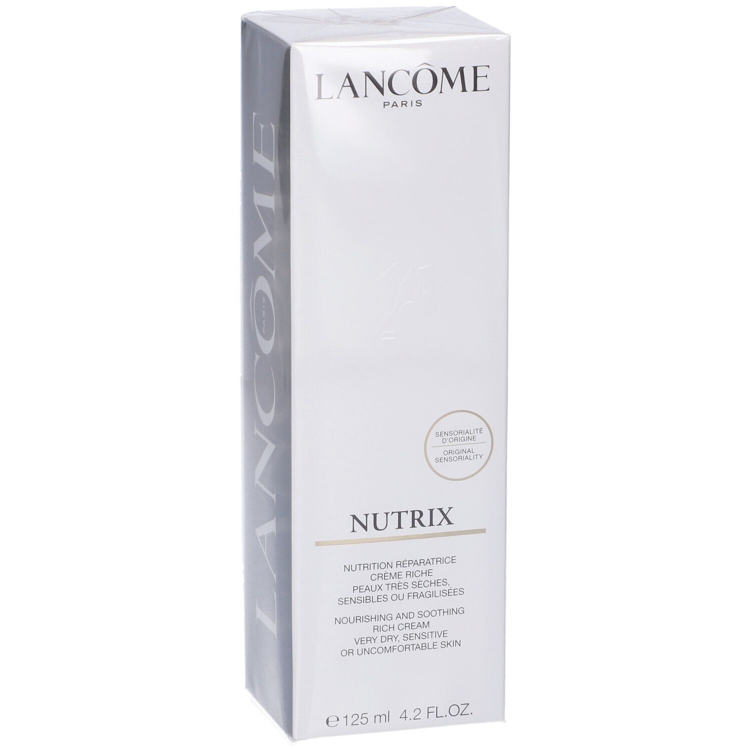 Confezione Lancôme Nutrix Crema Ricca Nutriente e Lenitiva. Vista laterale con scritta Lancôme verticale e informazioni sul prodotto.