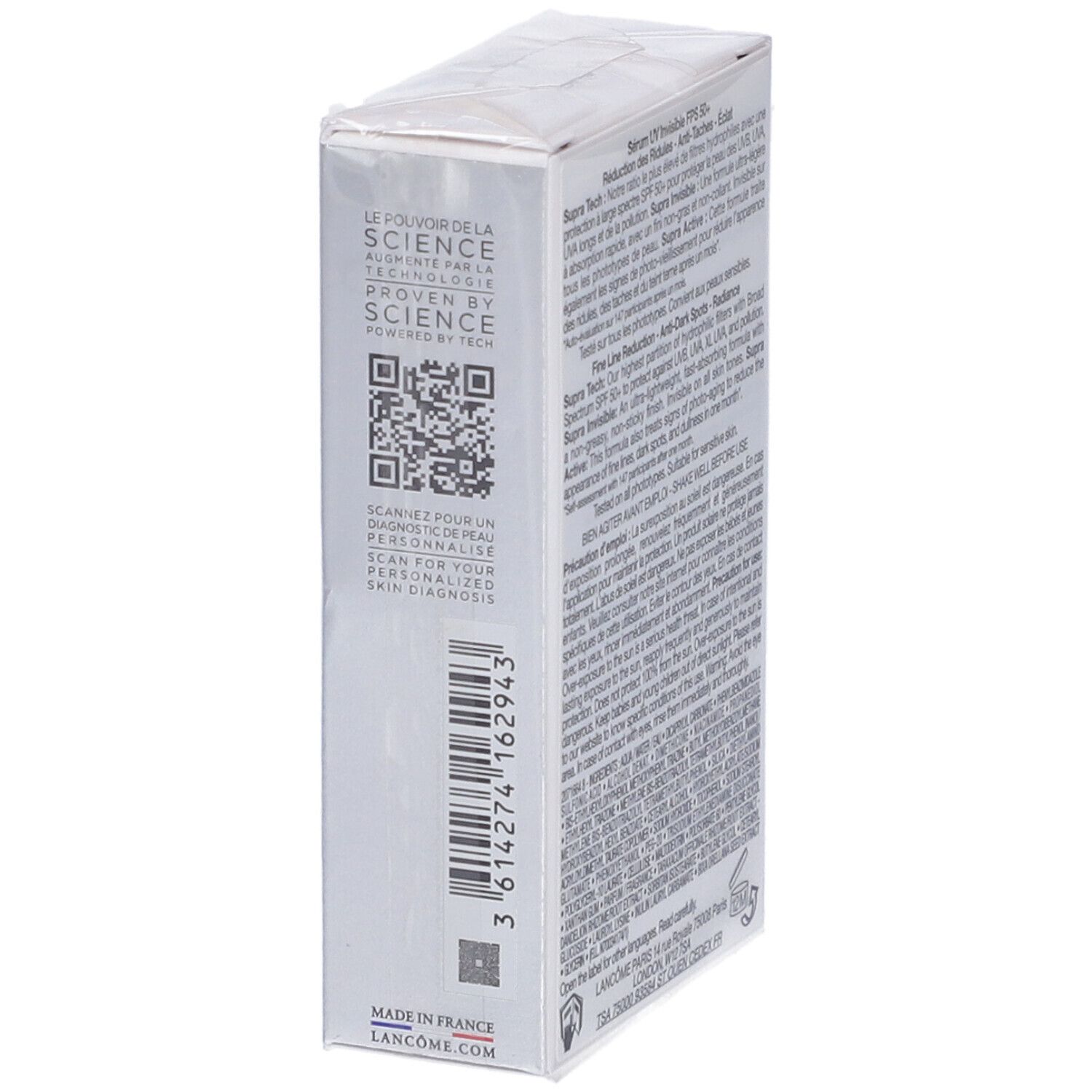 Lancôme UV Expert Supra Screen SPF 50+ Siero Viso, lato con QR-code.