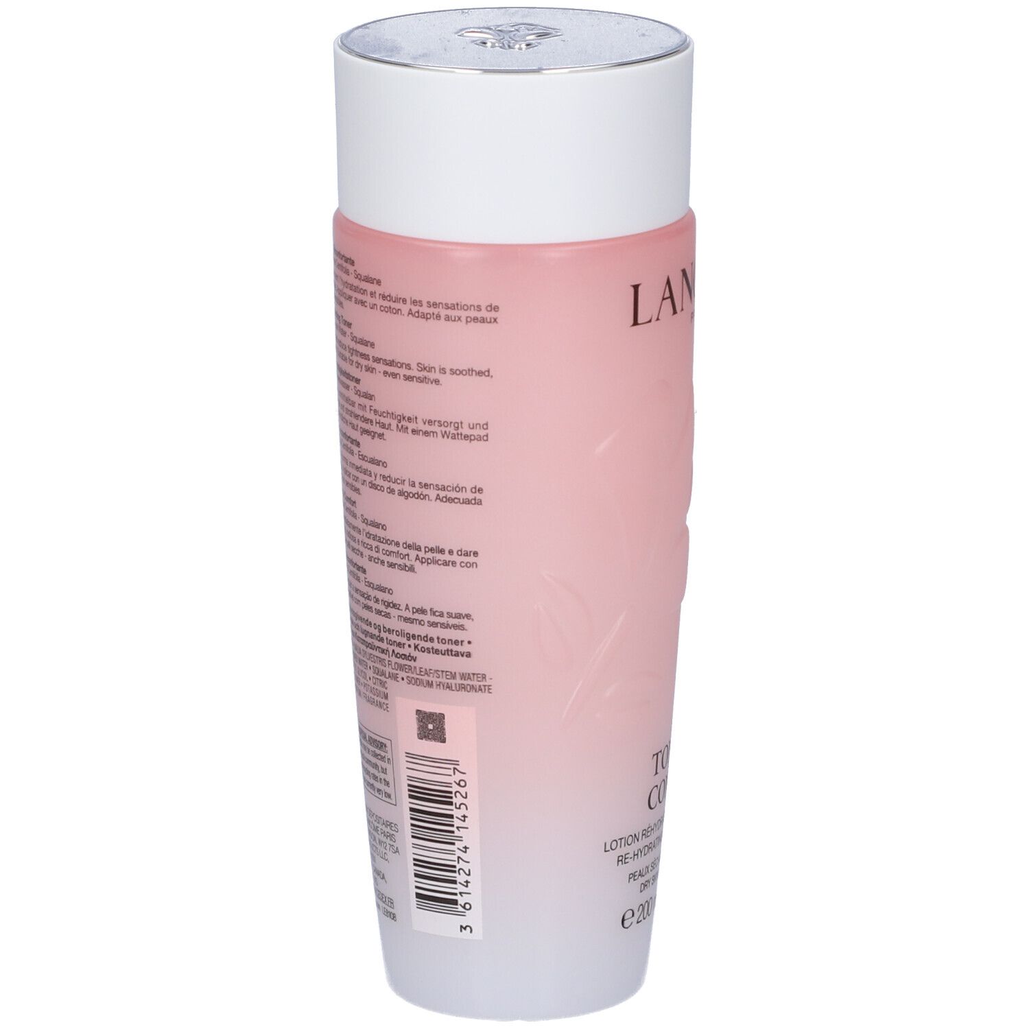 Lancôme Tonique Confort: retro del flacone con istruzioni dettagliate per l'uso in più lingue.