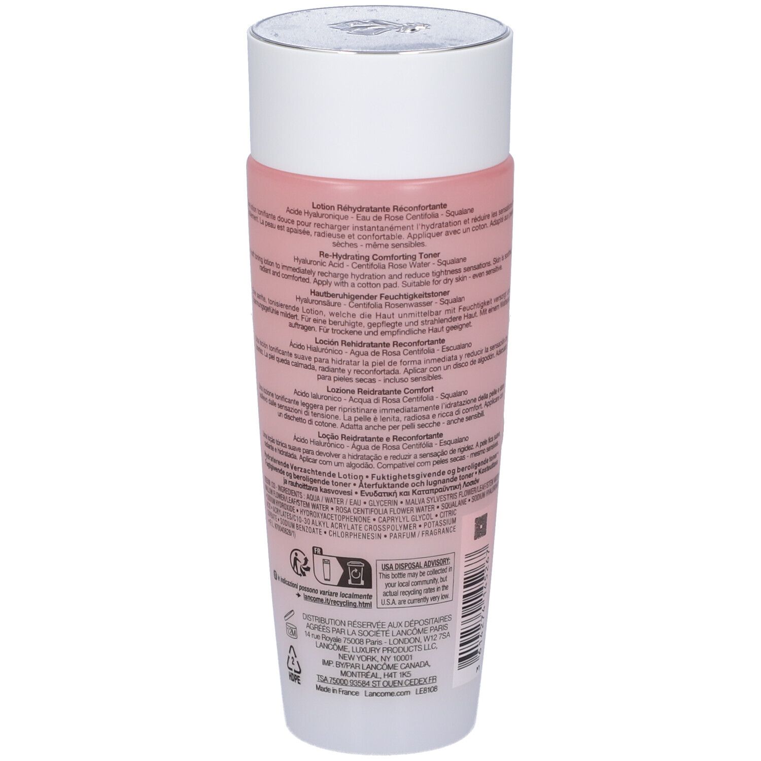 Lancôme Tonique Confort: retro del flacone con informazioni sul prodotto e codice a barre. Testi multilingue.