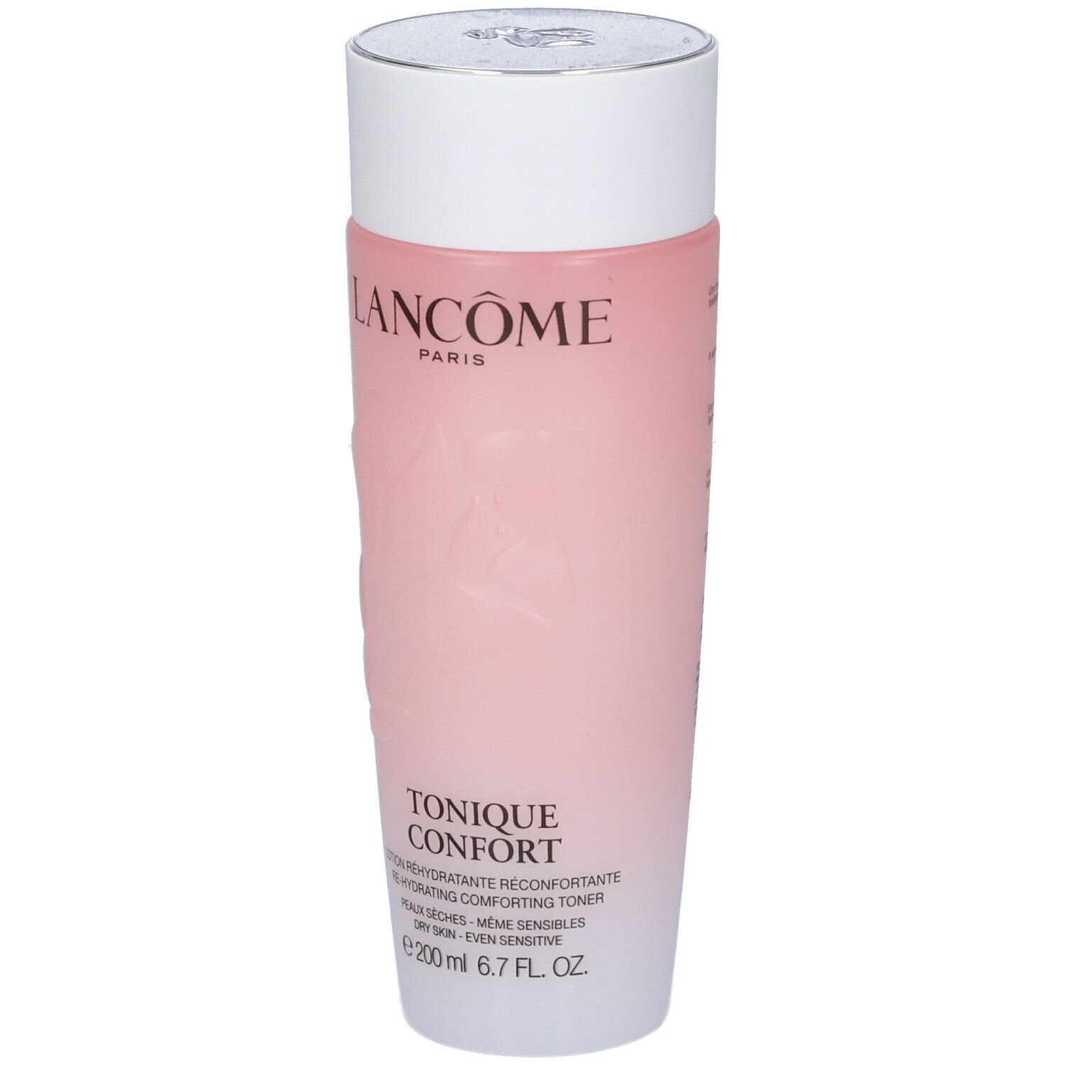 Lancôme Tonique Confort: flacone con sfumatura rosa e tappo bianco. Vista frontale con etichetta.